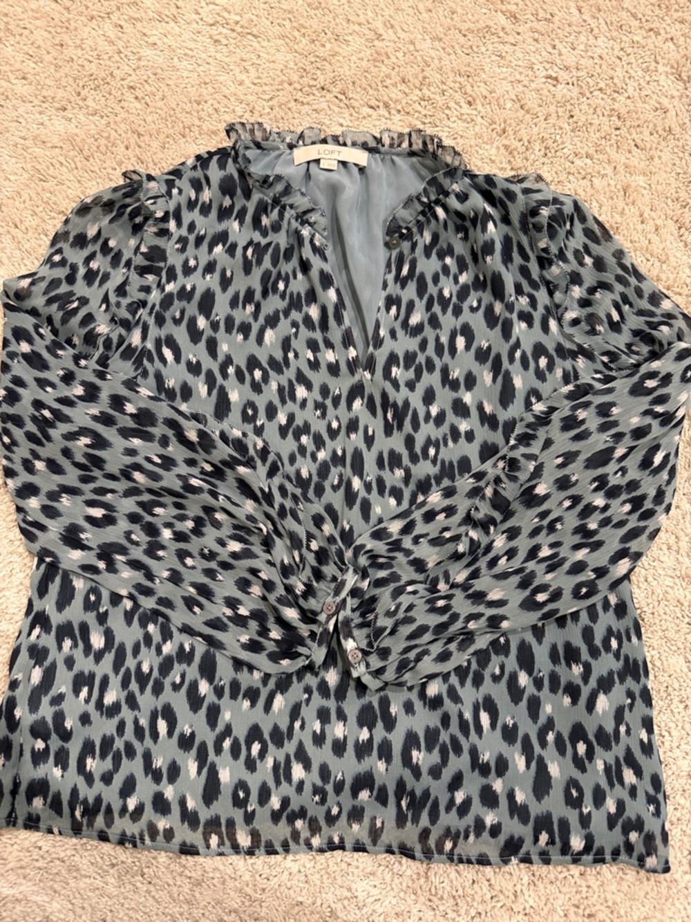 LOFT Blue Leopard Ruffle-Trim Long Sleeve Blouse